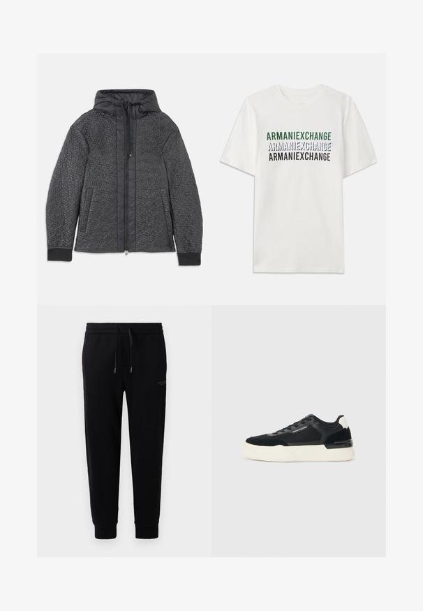 Prešívaná čierna bundy s kapucňou, so zipsovým uzáverom, bočnými vreckami a textúrovaným vzorom na látke. Mäkký, ľahký materiál.; Biela bavlnená tričko s opakovaným textom "ARMANIEXCHANGE" v zelenej, modrej a čiernej farbe. Krátke rukávy a klasický okrúhly výstrih.; Čierne tepláky z bavlneného zmesi, s elastickým pásom so šnúrkou, s manžetami na členkoch a nenápadným potlačeným logom na boku.; Čierne tenisky vyrobené z textílie a kože, s hrubou bielou podrážkou a kontrastnými akcentmi. Šnúrky a detail loga na boku.