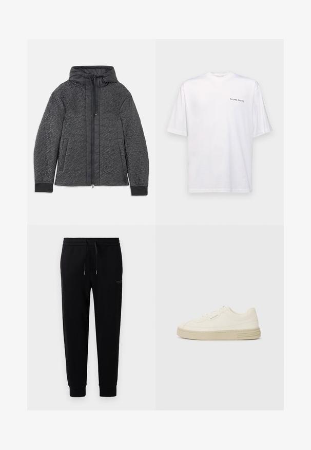 Pikowana czarna kurtka puchowa z kapturem, z zamkiem błyskawicznym, bocznymi kieszeniami i teksturowanym wzorem na materiale. Miękki, lekki materiał.; Biała, krótka koszulka z bawełny z dekoltem w serek, z czarnym logo "FILLING PIECES" nadrukowanym po lewej stronie.; Czarne spodnie dresowe wykonane z mieszanki bawełny, z elastycznym pasem ze sznurkiem, wykończone ściągaczami u kostek oraz subtelnym nadrukiem logo po boku.; Białe płócienne trampki z teksturowaną gumową podeszwą, z haftowanym noskiem i akcentem logo na pięcie. Prosty design na sznurówki.