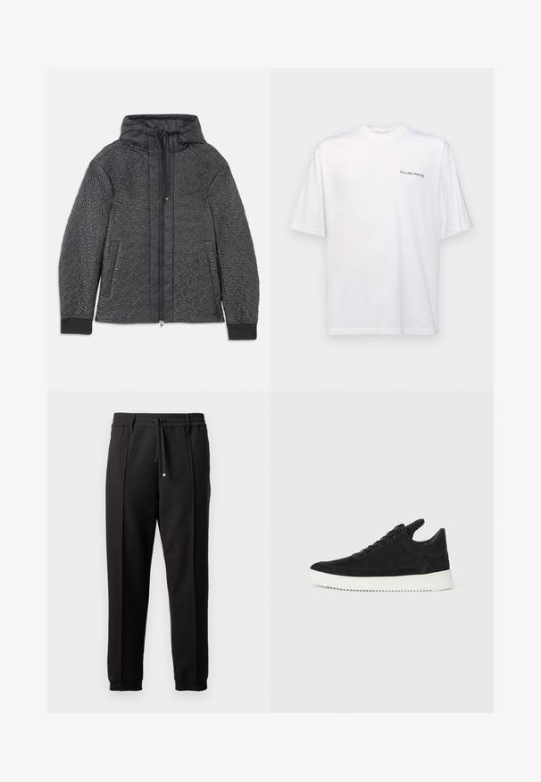 Kvadderad svart puffjacka med huva, med dragkedjestängning, sidofickor och strukturerat mönster på tyget. Mjuk, lätt material.; Vit kortärmad t-shirt i bomull med v-ringning, med en svart "FILLING PIECES" logga tryckt på vänster sida.; Svarta byxor med midjeresår, dragsnodd och elastiska muddar. Har veck och ett jämnt, texturerat tyg.; Svart mockaskor med en vit gummisula, som har ton-i-ton-sömmar och snörningsdesign. Slät textur med en modern, strömlinjeformad form.