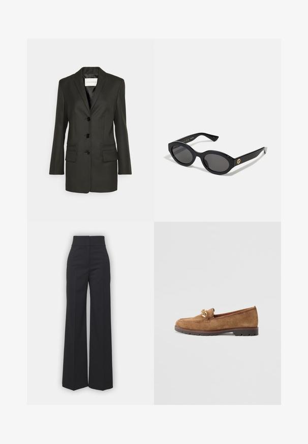 Czarna marynarka o dopasowanym kroju z pojedynczym rzędem guzików, ostrymi klapami, dwoma przednimi kieszeniami oraz subtelnymi detalami w stębnowaniu na kieszeniach. Gładka tekstura.; Brązowa koszula z długim rękawem, z kołnierzykiem, zapinana na guziki z detalami w postaci plis. Wykonana z gładkiego materiału o dopasowanym kroju.; Szerokie spodnie w czarnym materiale z wysokim stanem, charakteryzujące się czystym wykończeniem i gładką teksturą. Brak widocznych elementów metalowych i wzorów.; Tamaris - Półbuty wsuwane; Czarne okulary przeciwsłoneczne w owalnym kształcie z ciemnymi szkłami i błyszczącą plastikową oprawką. Posiadają złote logo na zausznniku, co nadaje im elegancki i nowoczesny wygląd.; Złote okrągłe kolczyki wkrętki o polerowanym wykończeniu i małym słupku. Charakteryzują się gładką teksturą i lustrzaną powierzchnią.