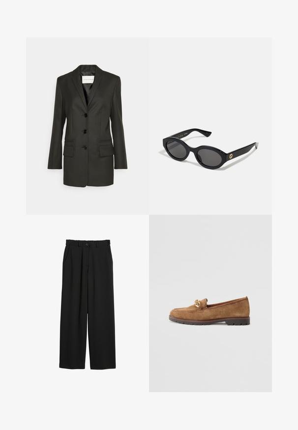 Zwarte op maat gemaakte blazer met een enkele rij knopen, scherpe revers, twee voorzakken en subtiele stiksels op de zakken. Glad textuur.; Bruine langemouwhemd met een kraag, knoopsluiting aan de voorkant en plooidetails. Gemaakt van een gladde stof met een getailleerd ontwerp.; Zwarte wijde broek gemaakt van gladde stof, met een elastische tailleband, zijzakken en een knoopsluiting in de taille.; Tamaris Instappers - camel; Zwarte ovale zonnebril met donkere glazen en een glanzend kunststof frame. Heeft een gouden logo op de poot, dat een strakke en moderne uitstraling biedt.