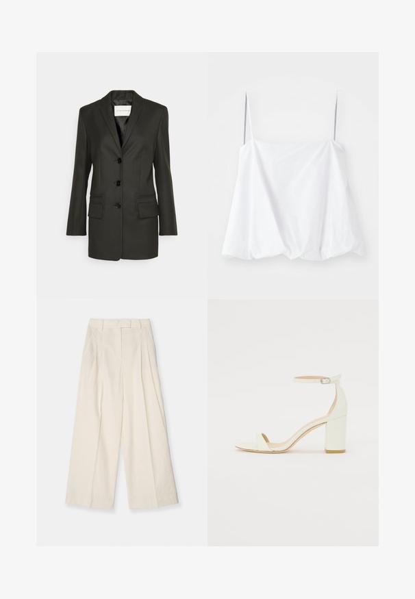 Black tailored blazer with a single row of buttons, sharp lapels, two front pockets, and subtle stitching details on pockets. Smooth texture.; White sleeveless top with thin straps, made from lightweight fabric. Featuring a loose design and gathered texture at the hem.; Wide-leg trousers in textured cream fabric. Features a high waist with pleats, belt loops, and a clean, minimal design.; White leather block-heel sandal featuring an ankle strap with a buckle and minimalist design. Open toe and smooth textures throughout.
