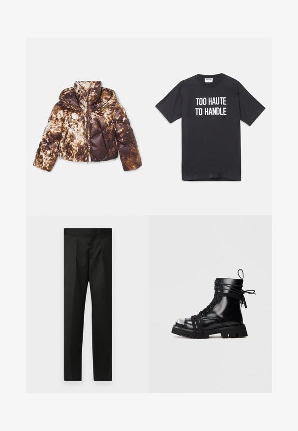 Dúková bunda v hnedo-krémovom batikovanom vzore, s predným zipsom, odnímateľnou kapucňou a diagonálnym prešívaním so bočnými vreckami.; Čierne bavlnené tričko s krátkymi rukávmi a okrúhlym výstrihom, na prednej strane s bielym textom "TOO HAUTE TO HANDLE".; Čierne nohavice s hladkým materiálom, strihom na mieru, rovnými nohavicami a plochým pásom bez viditeľných zapínaní alebo vreciek.; Čierne kožené členkové čižmy s kovovým prstom, hrubou gumovou podrážkou a krížovo prekríženými šnúrkami. Majú šnurovací predok a pútko na zadnej strane.