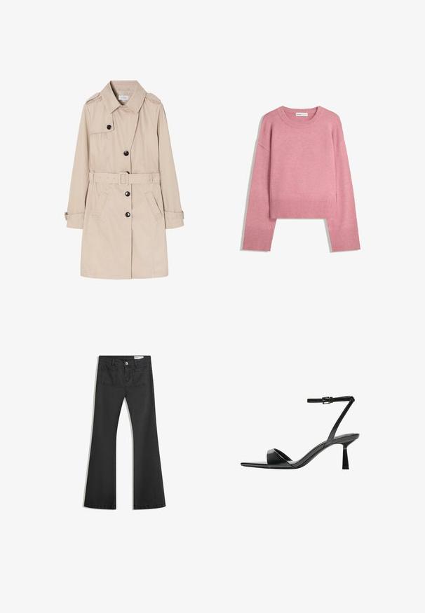 Bež trench kaput izrađen od lagane tkanine, s dvostrukim preklopom, crnim dugmadima, odvojivim pojasom i bočnim džepovima.; Ružičasti skraćeni pulover od mekog pletiva, sa rebrastim okruglim izrezom i dugim rukavima sa rebrastim manžetama. Glatka tekstura.; Crne široke traperice od denima s glatkom teksturom, s dva stražnja džepa i kopčanjem na dugme u struku.; Bershka Sandale s visokom petom - black