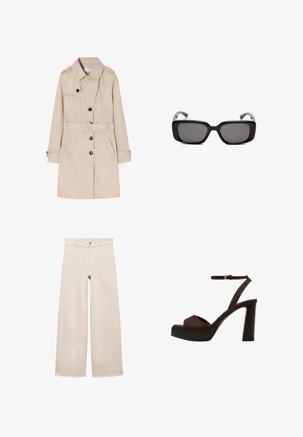 Béžový trenčkot vyrobený z ľahkého materiálu, s dvojradovým zapínaním, čiernymi gombíkmi, odnímateľným opaskom a bočnými vreckami.; Krémový sveter s kulatým výstrihom a dlhými rukávmi, voľného strihu, vyrobený z mäkkej pleteniny. Má rebrovaný lem a manžety. Hladká textúra.; Beige široké džínsy s vysokým pásom, s gombíkovým zapínaním, prednými vreckami a rozstrapkaným lemom. Vyrobené z denimu.; Hnedé semišové sandále na vysokom podpätku s otvorenou špičkou, nastaviteľným členkovým remienkom a pruhovanou platformovou podrážkou.; Čierne obdĺžnikové slnečné okuliare s tmavými sklami, hladkým plastovým rámom a zakrivenými stranami. Dizajn je robustný s minimalistickou estetikou.
