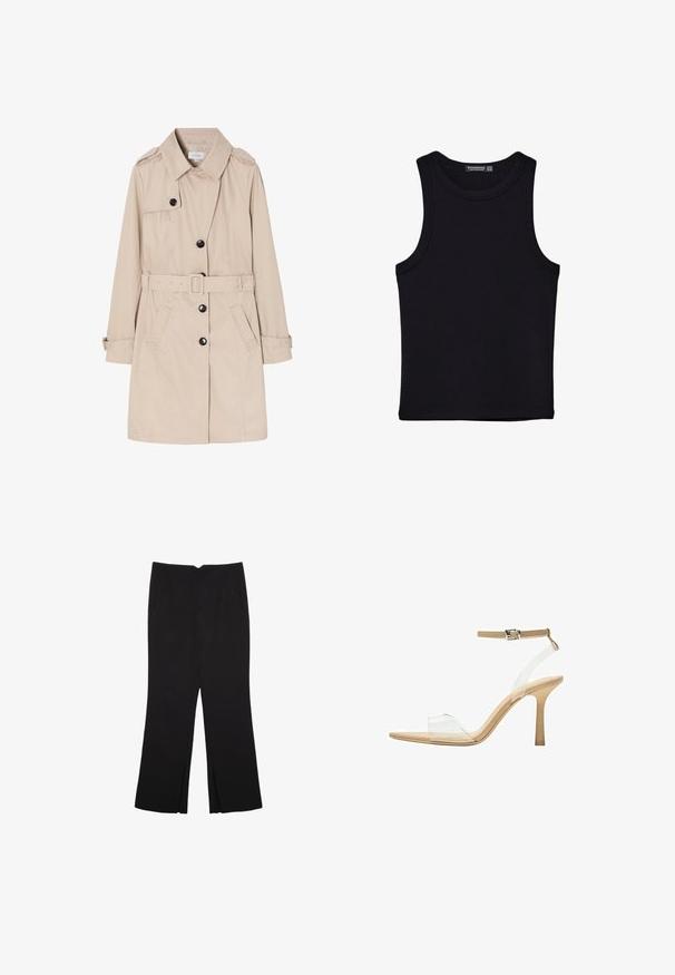 Bež trench kaput izrađen od lagane tkanine, s dvostrukim preklopom, crnim dugmadima, odvojivim pojasom i bočnim džepovima.; Crni top bez rukava od pamuka, s okruglim izrezom i širokim izrezima za ruke. Glatka tekstura s ušivenim rubovima. Klasičan, minimalistički dizajn.; Crne hlače ravnog kroja, s prednjim džepovima i bočnim prorezima na rubu. Izrađene od mekog i glatkog materijala. Pogodne za razne prigode.; Sandal s prozirnim potplatom i prozirnim gornjim dijelom, bež uloškom i tankim remenom oko gležnja. Ima špicasti vrh i tanak visoki potplat.