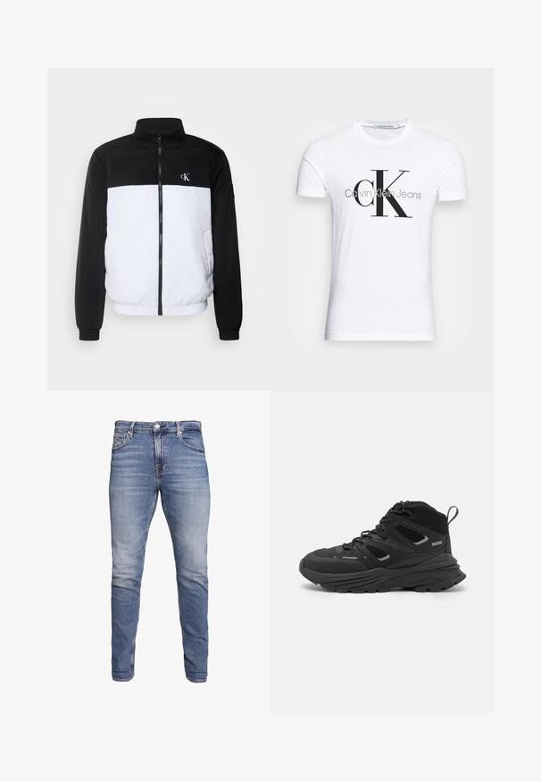 Calvin Klein Jeans PADDED HARRINGTON - Viegla jaka - bright white/black; Baltas kokvilnas T-krekls ar melnu "CK" logo un tekstu "Calvin Klein Jeans", īsām piedurknēm un klasisku apaļu kakla izgriezumu.; Zili denimi džinsi ar šauru piegriezumu, vidējas augstuma jostasvietu, piecu kabatu dizainu, izbalinātu mazgāšanu un vieglu nodilumu priekšpusē un aizmugurē.; Melnas pārgājienu kurpes ar slāņotu dizainu, teksturētu audumu un gumijas zoli, ar nostiprinātām vietām un auklām priekšā.