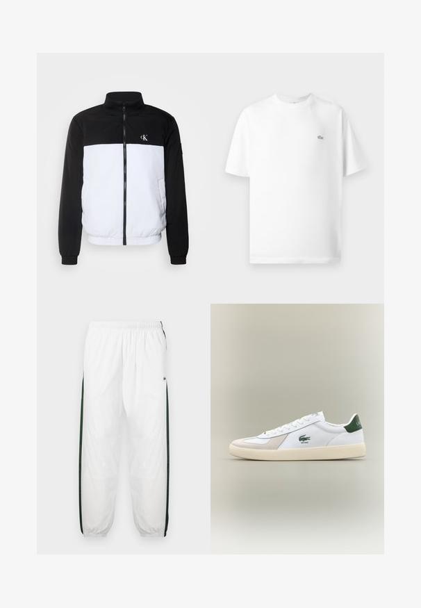 Calvin Klein Jeans PADDED HARRINGTON - Lahka jakna - bright white/black; Bela bomba majica iz bombaža s okroglim ovratnikom in kratkimi rokavi. Na levi strani prsnega dela se nahaja majhna črna Lacoste znamka.; Bela tekaška hlače s temno zelenimi stranskimi ploščami. Lahka material, elastični pas in prikrajšani robovi. Imajo mrežasto teksturo na stranskih ploščah.; Bela tenisa z zelenimi dodatki, iz semiša in usnja, okrogla konica, teksturiran podplat ter izšit logotip na strani in jeziku.