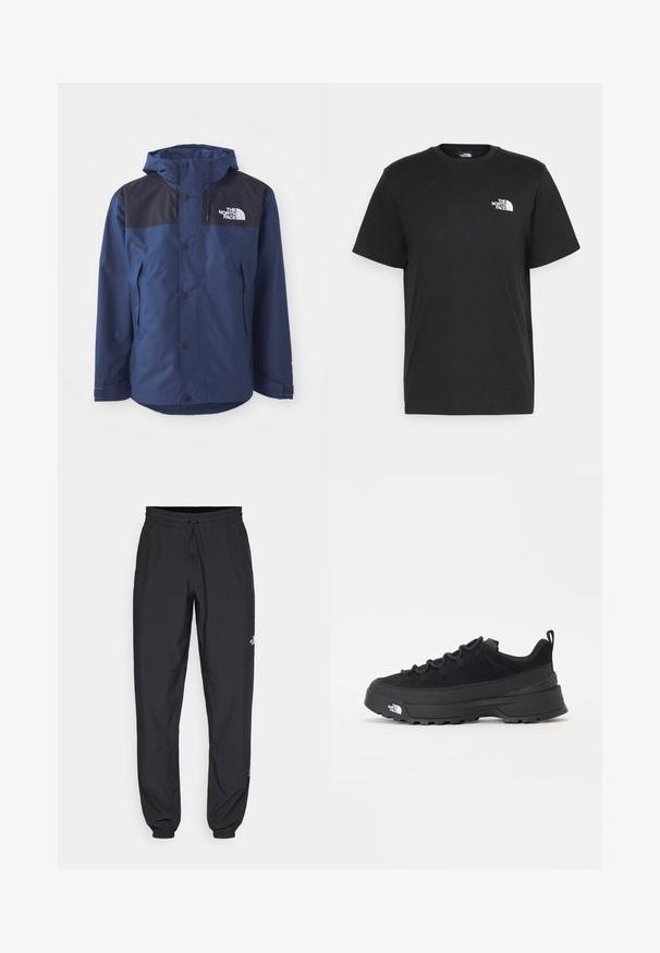 Jachetă impermeabilă de culoare albastru marin, cu panou superior negru, nasturi tip snap, glugă ajustabilă și buzunare laterale. Prezintă logo-ul The North Face.; Tricou negru din bumbac, cu mâneci scurte, guler rotund și un mic logo alb pe pieptul stâng. Design simplu, textură netedă și croială lejeră.; Pantaloni atletici negri, confecționați dintr-un material ușor, cu un tiv elastic la talie, buzunare laterale și tivuri ajustate la gleznă.; Tenisi de exterior negri cu superior din daim, talpă din cauciuc texturat și sistem de șireturi solid. Prezintă un călcâi întărit și un logo al mărcii pe lateral.