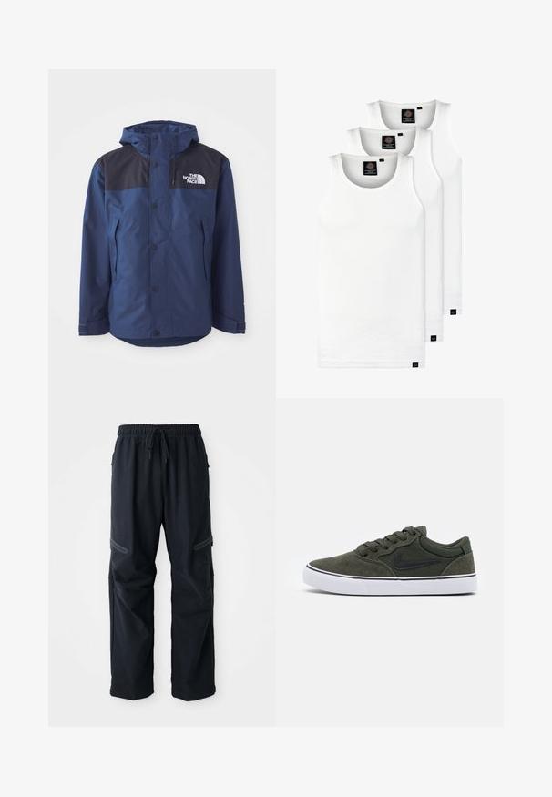 Navy blue waterproof jacket with black upper panel, snap buttons, adjustable hood, and side pockets. Features The North Face logo.; Three white ribbed tank tops made of cotton. Features a crew neck and small black labels near the hem. Available in multiple sizes.; Black casual pants with elastic waistband, drawstring, and zippered pockets on a white background.; Green suede sneaker with black accents and white rubber sole; features laces, padded collar, and a side logo. Smooth texture, low-top design.