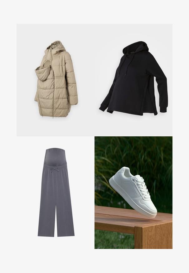 Beige polstret frakke med hætte, som har en frontlomme til en baby. Designet inkluderer lodrette quiltede paneler og lynlås.; Sort sweatshirt med hætte, med sideskår og lange ærmer. Fremstillet af blødt stof, tilbyder den en afslappet pasform for komfort.; Grå graviditetsbukser med vid bendesign, elastisk talje og justerbar snøre. Lavet af blødt, strækbart stof for komfort.; Hvid sneaker med en glat syntetisk overdel, perforeret tåboks, flade snørebånd og en tekstureret sål, præsenteret på en træoverflade.