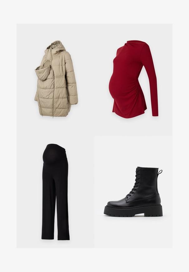 Béžový prešívaný kabát s kapucňou, so predným vreckom pre dojča. Dizajn obsahuje vertikálne prešívané panely a zapínanie na zips.; Dlhý rukáv červený tehotenský top s rebrovanou textúrou, s drapovaným výstrihom a bočnými riaseniami, ktoré prispôsobujú rastúcemu bruchu.; Čierne tehotenské nohavice s elastickým, priliehavým pásom a širokými nohavicami. Vyrobené z mäkkej tkaniny, ktorá poskytuje pohodlie a podporu.; Čierne kožené členkové topánky s okrúhlou špičkou, šnurovaním vpredu a hrubou gumovou podrážkou s textúrovaným vzorom. Sťahovací pútko na zadnej strane.