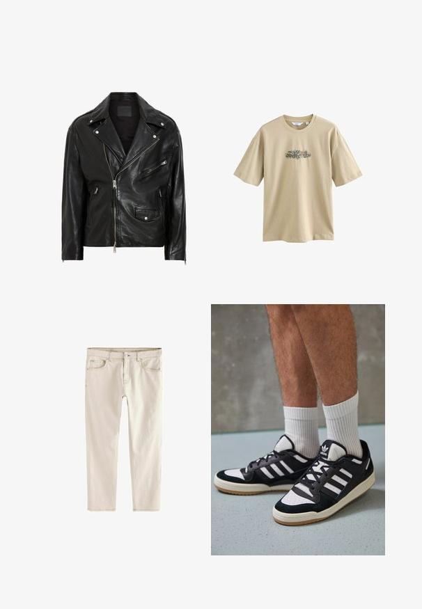Čierna kožená motocyklová bunda s kvalitnými striebornými zipsami, cvokmi a viacerými vreckami. Má široký golier a priliehavý strih.; Bežové bavlnené tričko s grafickým potlačou v strede. Dizajn obsahuje farebné prvky a zakrivený text. Krátke rukávy a okrúhly výstrih.; Svetlo béžové slim-fit džínsy s rovnou nohou, piatimi vreckami, zapínaním na gombík a zips, a zosilneným švom pozdĺž švov.; Čierno-biele tenisky s vrchom z semišu a kože, s troma bielymi pruhmi, perforovanou špičkou a gumovou podrážkou.