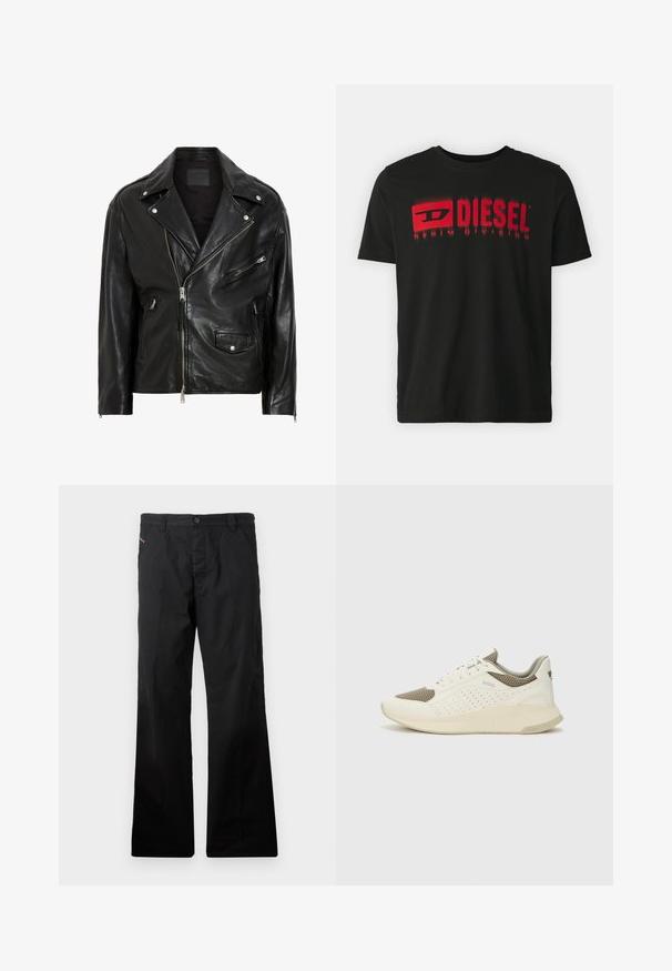 Fekete bőr motoros dzseki ezüst cipzárokkal, patent gombokkal és több zsebbel. Széles gallérral és testhez álló szabással rendelkezik.; Fekete pamut póló, piros "DIESEL" logóval és "DENIM DIVISION" felirattal. Rövid ujjú, kerek nyakú, sima tapintású, laza szabású.; Fekete, pamut, egyenes szabású nadrág gombos záródással. Oldalsó zsebekkel rendelkezik, minimalista dizájnnal, látható minták vagy akcentusok nélkül.; Fehér és világos bézs sportcipő, légies hálós felsőrésszel, perforált részletekkel és texturált középtalppal, amelyen a saroknál a márka logója található.
