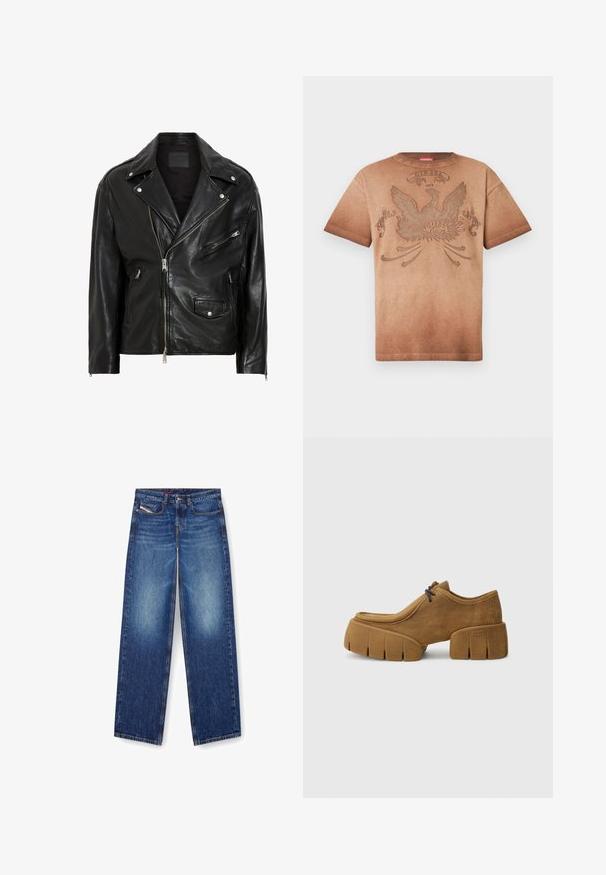 Jaqueta de motociclista em couro preto com fechos de correr prateados, botões de pressão e múltiplos bolsos. Apresenta uma gola larga e um corte ajustado.; T-shirt castanha de manga curta com um grande desenho em relevo de águia e o texto "Diesel 1978" na frente, apresentando um efeito de gradiente desvanecido.; Jeans de ganga azuis com um design de perna reta, apresentando bolsos frontais e fecho de correr. As áreas desbotadas nas coxas realçam a textura.; Sapatilha castanha de camurça com sola de borracha robusta, biqueira arredondada e sola exterior espessa com ranhuras. Apresenta um design minimalista com atacadores discretos.