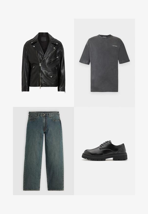 Jaqueta de motociclista em couro preto com fechos de correr prateados, botões de pressão e múltiplos bolsos. Apresenta uma gola larga e um corte ajustado.; T-shirt preta de manga curta feita de tecido suave, com decote redondo e o texto "// NÃO SIENTO" em branco na área do peito esquerdo.; Jeans de denim de perna reta em azul escuro com fecho de botão e ziper, bolsos frontais e passadores de cinto em um fundo cinza claro.; Sapatos de couro pretos com bico arredondado, design de atacador e sola de borracha espessa e texturizada. Apresenta costuras ao longo da borda e um acabamento liso.