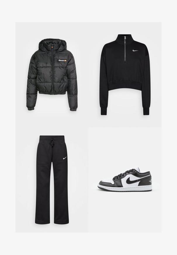 Sort cropped pufferjakke med hætte, med lynlås foran og snøre, quiltet design og lille logo på venstre bryst.; Sort cropped sweatshirt med høje krave, halv lynlås, ribbede manchetter og et lille hvidt Nike-logo på venstre bryst. Blød stoftekstur.; Sorte sweatpants lavet af en bomuldsblanding, med en snøre i taljen, lige ben og et hvidt Nike-logo på venstre side.; Sorte og hvide Nike lavtoppede sneakers har en glat læderoverdel, rund tå, snørelukning og en mønstret gummisål.