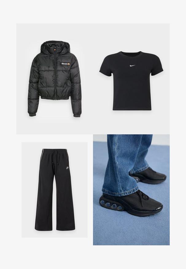 Melnā saīsināta pūkaina jaka ar kapuci, ar rāvējslēdzēju priekšā un auklu, ar quilted dizainu un mazu logotipu kreisajā krūtī.; Melns īsām piedurknēm T-krekls no kokvilnas ar apaļu kakla izgriezumu. Ar balto Nike logotipu uz krūtīm, minimālisma dizains un pieguļošs siluets.; Melni sporta bikses, kas izgatavotas no mīksta auduma, ar elastīgu jostu un šņorējamu, sānu svītrām un mazu logo kreisajā priekšpusē.; Melnas sporta kedas ar sietu augšdaļu, teksturētām akcentiem un redzamajām gaisa amortizācijas podiem zolei. Valkātas ar zilu džinsu biksēm.