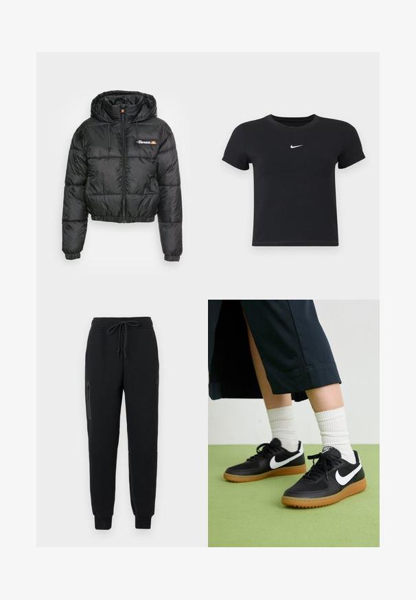 Svart cropped puffer-jakke med hette, med glidelås foran og snøring, quiltet design og liten logo på venstre bryst.; Svart T-skjorte med kort arm laget av bomull med rund hals. Har en hvit Nike-logo på brystet, minimalistisk design og tettsittende fasong.; Sorte joggebukser med snorlås i livet, glidelås-lomme på siden og tapered mansjetter. Laget av myk, strukturert stoff.; Sorte lær- og syntetiske joggesko med hvit Nike swoosh, gummisåle, rund tå og sorte lisser. Ribbet hvite sokker synlige.
