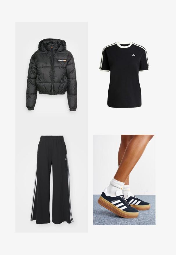 Svart kort pufferjacka med huva, med dragkedja fram, snörning, quiltat mönster och liten logotyp på vänster bröst.; Svart bomull t-shirt med vita detaljer på kragen och ärmarna, med tre vita ränder på varje axel och en liten logotyp på bröstet.; Svarta vida sweatpants med elastisk midje, med vita sidosträck och en broderad logotyp på vänster lår.; Svarta sneakers i mocka med vita ränder och detaljer, rundad tå, yttersula i gummiblandning, kombinerade med vita ribbade crew-strumpor.