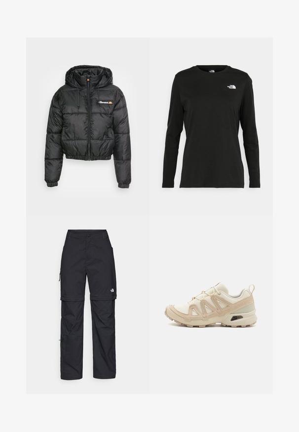 Fekete, rövidített pufi dzseki kapucnival, cipzárral elöl, húzózsinórral, steppelt mintázattal és kis logóval a bal mellen.; Fekete, hosszú ujjú póló pamutból, kerek nyakkal. A bal mellrészen egy kis fehér logó található. Egyszerű dizájn és szabás.; Fekete nylon zipzáras cargo nadrág állítható mandzsettával, több zsebbel és logóval a jobb lábon. Simább, könnyű textúra.; Beige és krém színű sportcipő, texturált hálós felsőrésszel, támogató burkolattal és gumitalppal, amely tapadás érdekében bordázott mintázattal rendelkezik.