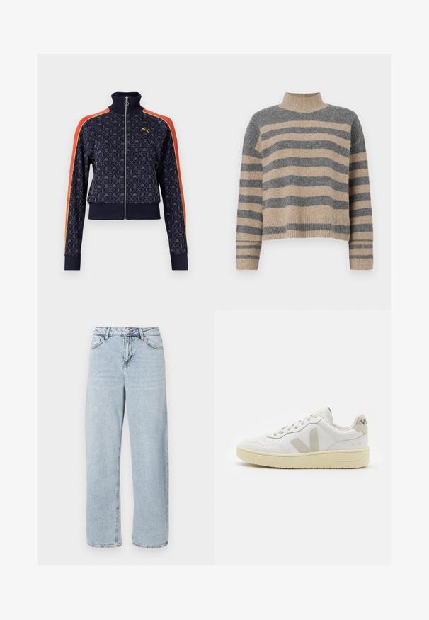 Jacheta de trening navy cu un model geometric, guler înalt, fermoar frontal și dungi contrastante roșii și galbene pe mâneci. Manșete și tiv cu bandă elastică.; Pulover tricotat cu dungi, în culori gri și bej, guler înalt, mâneci late cu manșete și o croială lejeră cu un design scurt.; Jeans albastre deschise cu talie înaltă, drepti, cu buton și fermoar în față, și design cu cinci buzunare, pe un fundal alb.; Pantofii sport din piele albă cu accente din suede bej, cutie pentru degete perforată, șireturi plate și o talpă texturată de crem. Prezintă branding subtil pe călcâi.
