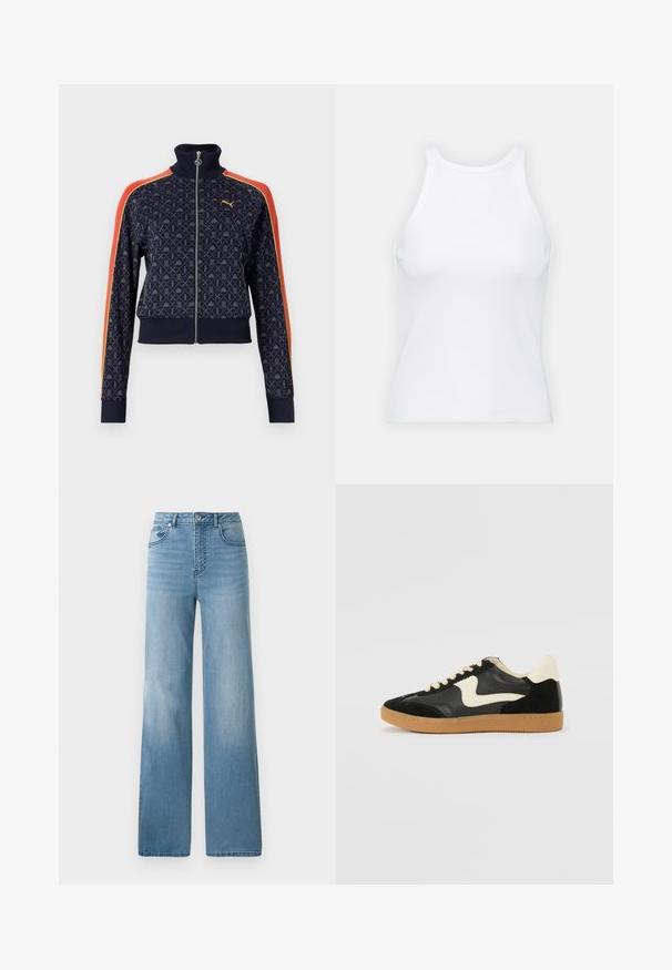 Giacca a track navy con motivo geometrico, colletto alto, zip frontale e strisce rosse e gialle a contrasto sulle maniche. Polsini e orlo a coste.; Top senza maniche bianco realizzato in tessuto a coste, caratterizzato da un collo arrotondato e una silhouette aderente, con cuciture minime e senza decorazioni.; Jeans azzurri chiari a vita alta con design a gamba dritta. Realizzati in denim, presentano cinque tasche e chiusura con bottone.; Sneaker nera in suede e pelle con un sorriso laterale crema e un tallone di un leggero crema. Presenta lacci beige e una suola in gomma color caramello.