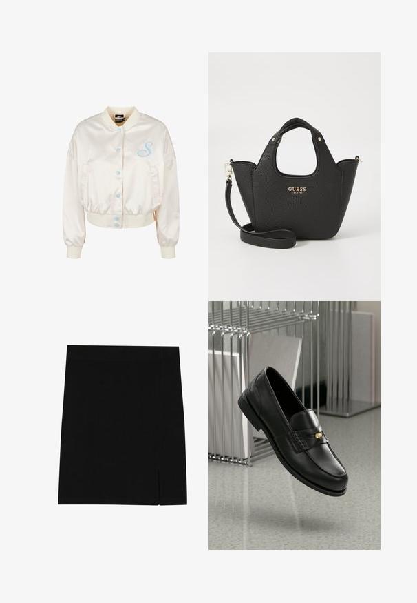Jachetă bomber din satin crem, cu un croi scurt, nasturi albaștri și detaliu brodat cu „S” pe pieptul stâng. Mansete și tiv elastic.; Top lung cu mâneci lungi, alb, cu decolteu rotund. Materialul este neted, având o textură subtilă și un design ajustat. Fără elemente metalice sau modele vizibile.; Fustă mini neagră, confecționată dintr-un material moale, cu un design strâns, având o mică deschidere pe o parte pentru un detaliu suplimentar.; Mocasini din piele neagră cu un finisaj neted, având o bandă decorativă și un mic accent de aur. Talpa este plată, cu vârful rotunjit.; Geantă neagră texturată cu mânere scurte și o curea de umăr detașabilă. Are un accent cu logo-uri aurii. Formă compactă și structurată.