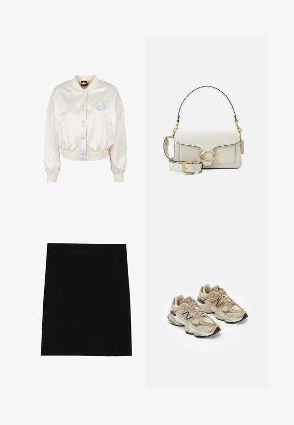 Cream satin bomber jacket with a cropped fit, blue snap buttons, and embroidered “S” detail on the left chest. Elasticized cuffs and hem.; Long-sleeve white shirt made of cotton with a button-down front, classic collar, and rounded hem, featuring a relaxed fit and no patterns.; Black mini skirt made of soft fabric with a fitted design, featuring a slight slit on the side for added detail.; Beige sneakers with mesh and suede materials. Features a black logo and textured accents. Thick white midsole and black rubber outsole.; White leather handbag with gold hardware, featuring a flap closure and a detachable, adjustable strap. Rounded metal accent in center.