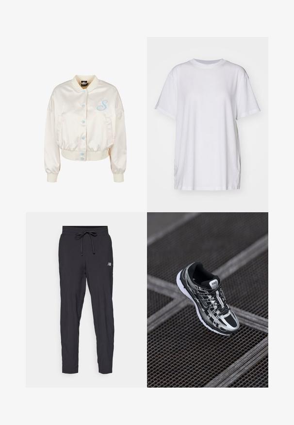 Cream satin bomber jacket with a cropped fit, blue snap buttons, and embroidered “S” detail on the left chest. Elasticized cuffs and hem.; White oversized t-shirt made of cotton, featuring a crew neckline, short sleeves, and side slits for a relaxed fit. Smooth texture.; Black track pants made of lightweight material with an elastic waistband and adjustable drawstring. Features a small logo on the side.; Nike running shoe featuring a black and silver color scheme, mesh upper, textured sole, and lacing system for secure fit.