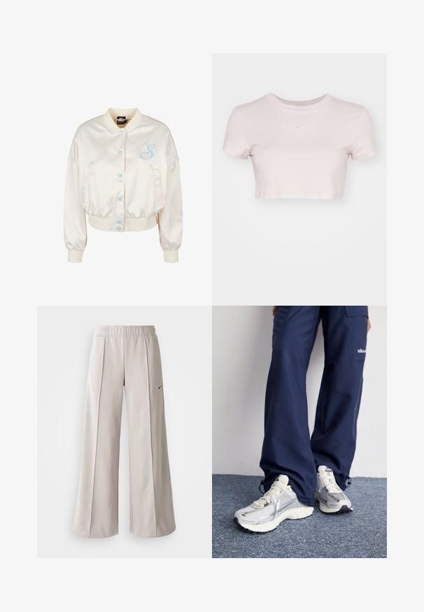 Chaqueta bomber de satén color crema con un corte corto, botones a presión azules y detalle bordado de una "S" en el lado izquierdo del pecho. Puños y dobladillo elásticos.; Camiseta corta en rosa claro, hecha de tejido suave. Presenta un cuello redondo y mangas cortas con un pequeño logo blanco de Nike en el pecho.; Pantalones de pierna ancha en gris claro, confeccionados con una tela suave. Presentan una cinturilla elástica y el logotipo negro de Nike en el lado izquierdo.; Zapatillas deportivas Nike con parte superior de malla plateada, acentos blancos y suelas texturizadas, combinadas con pantalones azul marino de corte holgado.