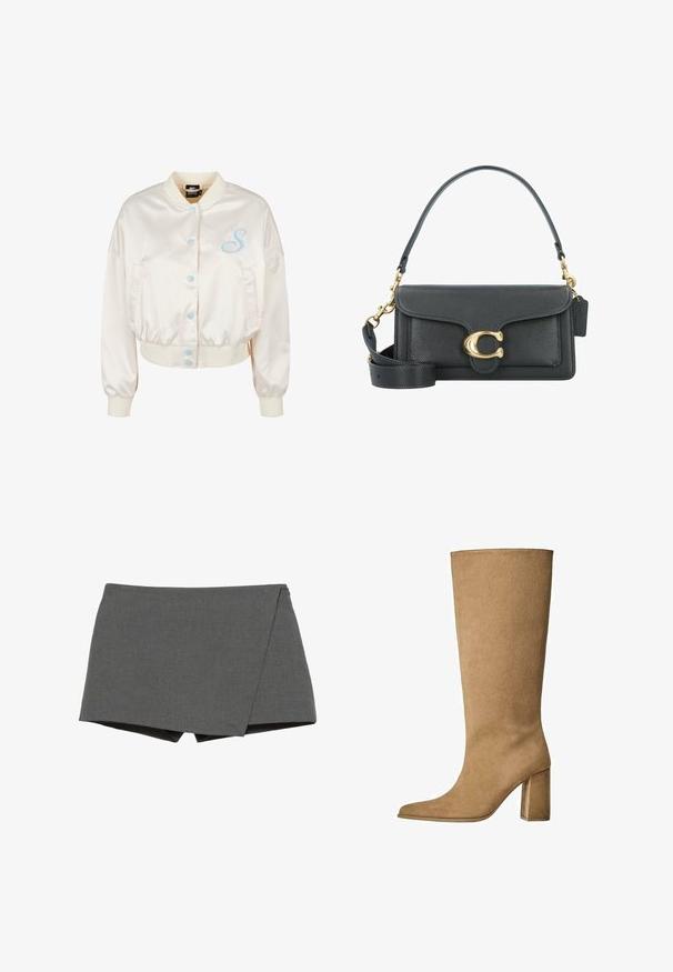 Crème satijnen bomberjack met een cropped fit, blauwe drukknoopsluiting en geborduurde "S" op de linkerkant van de borst. Elastische manchetten en zoom.; Oversized witte katoenen t-shirt met korte mouwen, ronde halslijn en een gladde textuur. Geen patronen of zichtbare hardwaredetails.; Grijze wikkelstijl shorts van een gladde stof, met een diagonale snit en strakke randen. Geen zichtbare hardware of versieringen.; Tan kleurige suède laarzen tot de knie met een blokhak, voorzien van een spitse neus en een gladde textuur. Minimalistisch ontwerp zonder versieringen.; Zwarte leren handtas met een gouden hardware accent, voorzien van een kenmerkende sluiting, een afneembare schouderband en een ge textureerd oppervlak.