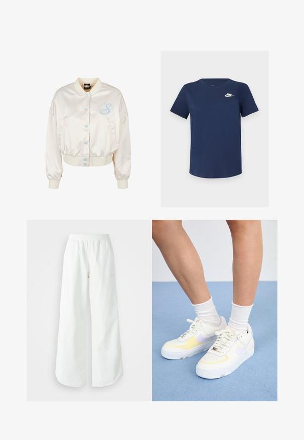 Kremkrāsas satīna bomber jaka ar kroptu piegriezumu, ziliem pogām un izšūtu "S" detaļu kreisajā krūtī. Elastīgs aproču un apakšmalas dizains.; Tumši zils kokvilnas T-krekls ar apaļu kaklu, īsām piedurknēm un baltu Nike logo kreisajā krūtīs. Gluda tekstūra, vienkāršs dizains.; Baltas, platais sporta bikses ar ribotu jostasvītru un smalku logotipa detaļu. Gluda auduma ar brīvu piegriezumu un sašaurinātu apakšdaļu.; Balti ādas sporta apavi ar dzelteniem un lavandas akcentiem, apaļa purngala forma, plakani šņores un teksturēta gumijas zole. Valkāti ar baltām zeķēm.