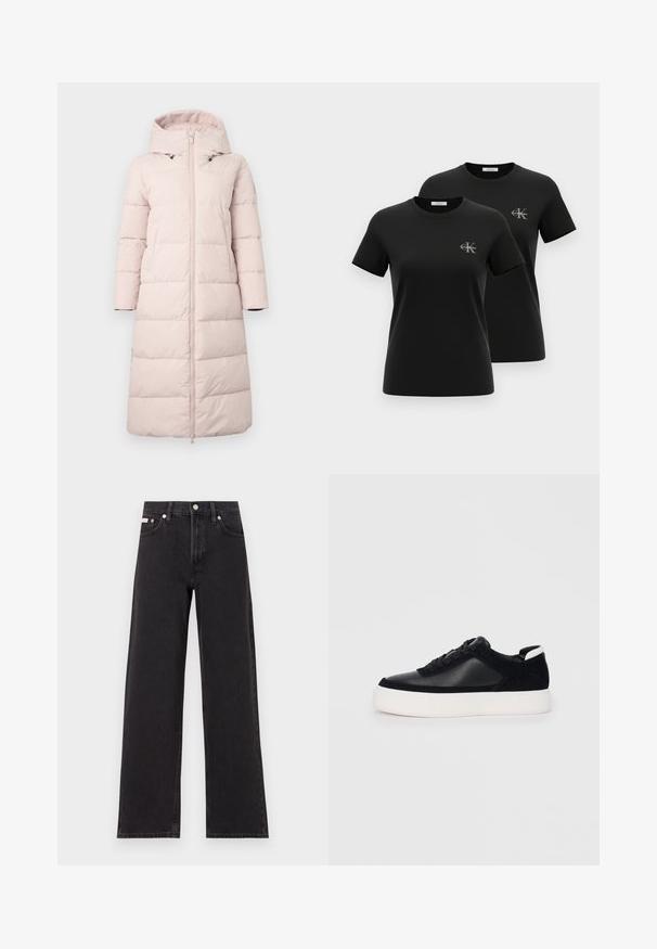 Svetlo roza puffer plašč s kapuco, ki ima sprednji zadrgo, dolge rokave in horizontalni prešiti vzorec. Vključuje stranske žepe.; Dve črni majici s kratkimi rokavi in okroglim izrezom, vsaka z majhnim sivim logotipom "CK Calvin Klein" na levi strani prsi, prikazani na belem ozadju.; Črne široke jeans hlače iz denima, s poudarjenim pasom, petimi žepi in kovinskim gumbom za zapiranje ter kontrastnim šivanjem.; Črne športne copate z gladko usnjeno in semišnimi paneli, ravnimi vezalkami, zaobljenim nosom in belim gumijastim podplatom. Oznaka na peti.
