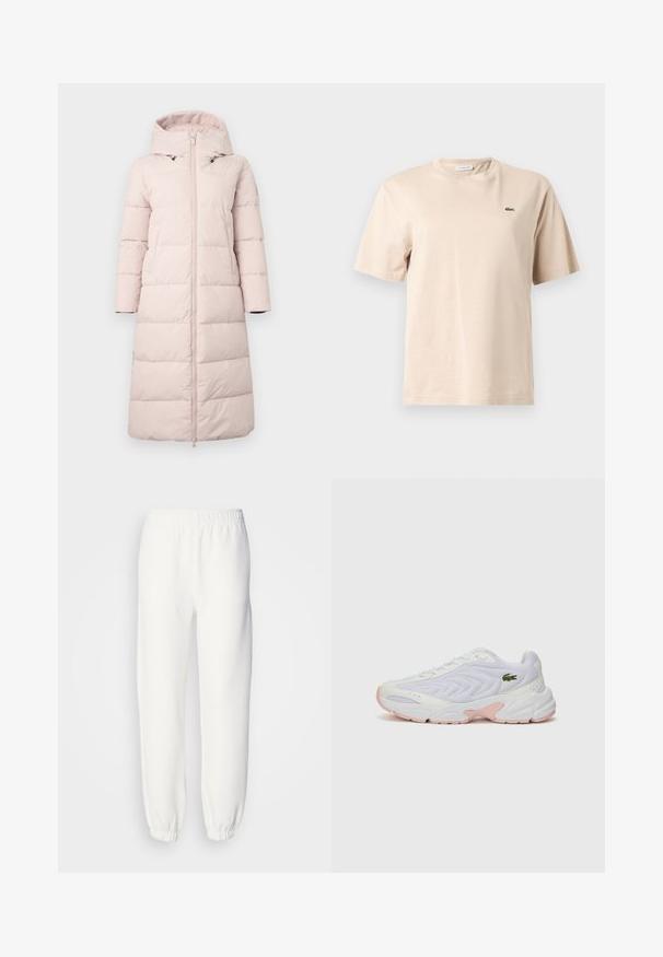Light pink puffer coat with a hood, featuring a front zipper, long sleeves, and horizontal quilted pattern. Includes side pockets.; Beige cotton t-shirt with a crew neckline, short sleeves, and a small green embroidered crocodile logo on the left chest.; White sweatpants made of soft, knitted fabric. Elastic waistband and cuffs provide a relaxed fit. Minimalist design, no visible patterns or accents.; White athletic shoes with a textured mesh upper, subtle pink accents on the sole, and a green crocodile logo on the side.