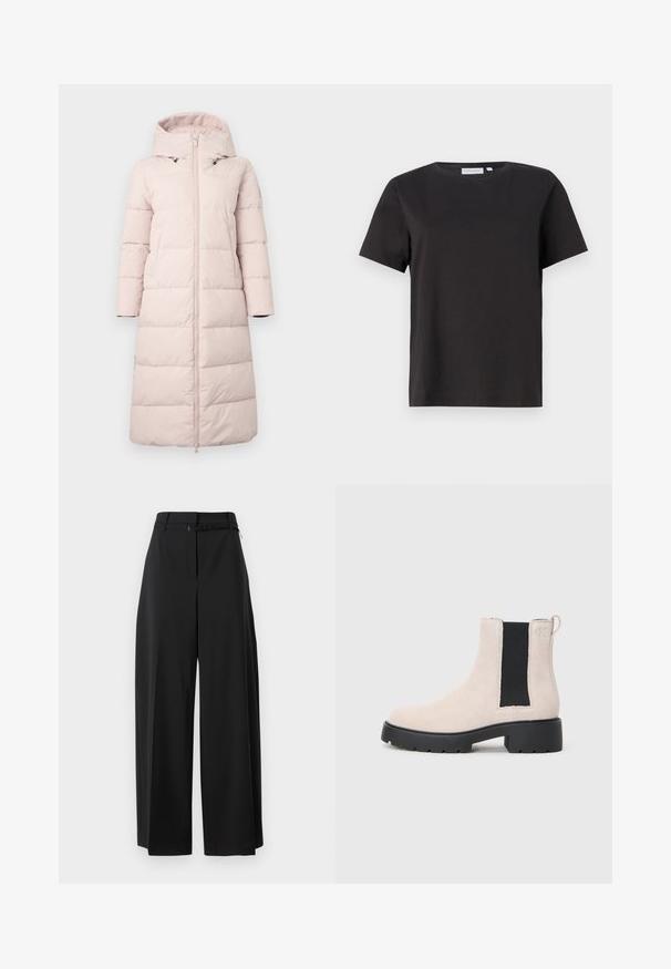 Light pink puffer coat with a hood, featuring a front zipper, long sleeves, and horizontal quilted pattern. Includes side pockets.; Black cotton t-shirt with short sleeves, a crew neckline, and a simple, clean design. No visible patterns or embellishments.; Black wide-leg trousers with a high waist and a belt. Features a smooth texture and clean lines, designed for a relaxed fit.; Beige suede Chelsea boot with black elastic side panel, chunky black sole, and pull tab at ankle.