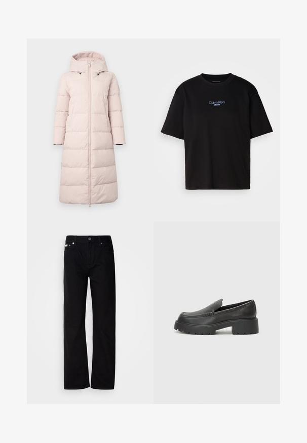 Απαλή ροζ φούτερ με κουκούλα, με μπροστινό φερμουάρ, μακριά μανίκια και οριζόντια καπιτονέ σχέδιο. Περιλαμβάνει πλευρικές τσέπες.; Μαύρο βαμβακερό t-shirt με στρογγυλή λαιμόκοψη, κοντά μανίκια και μπλε κεντημένο λογότυπο "Calvin Klein JEANS" στην μπροστινή πλευρά.; Μαύρο τζιν παντελόνι straight-leg με πέντε τσέπες, ασημένιες καστόνια και κουμπί κλεισίματος. Το ύφασμα έχει μια λείο, ελαφρώς υφασμένο φινίρισμα.; Μαύρα δερμάτινα loafers με στρογγυλή μύτη, χοντρή υφή σόλας και ελάχιστες ραφές. Κομψός σχεδιασμός χωρίς ορατά κορδόνια ή μεταλλικά στοιχεία.