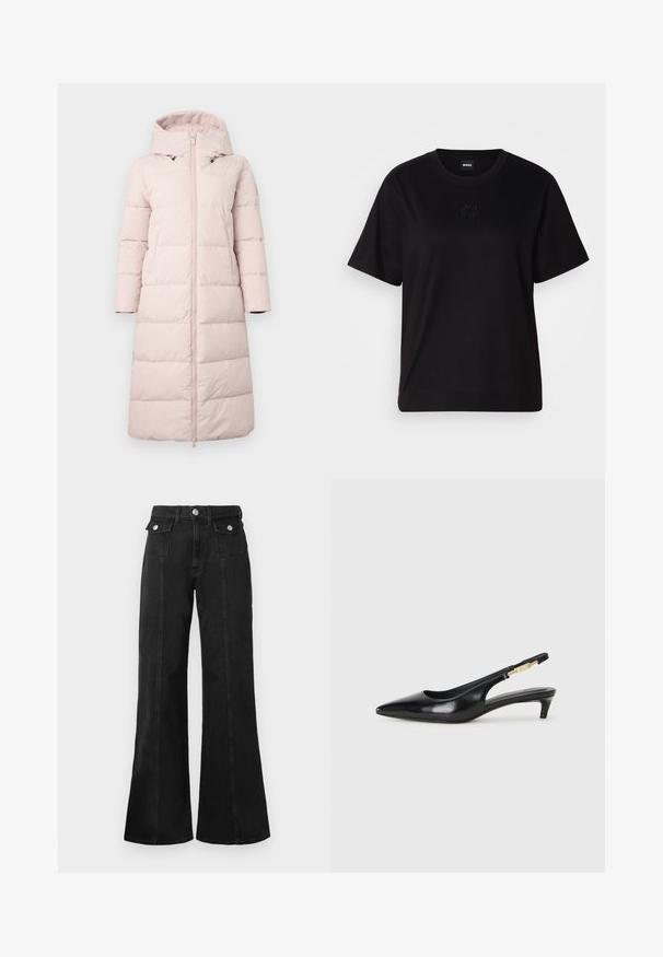 Svijetloružasti pufasti kaput s kapuljačom, s prednjim zatvaračem, dugim rukavima i horizontalnim kvadratnim uzorkom. Ima bočne džepove.; Crna pamučna majica s okruglim izrezom, kratkim rukavima i izvezenim logotipom na prsima. Jednostavan, opušten kroj bez uzorka.; Crne traperice s flared krojem i visokim strukom, sa dva prednja džepa, srebrnim detaljima i vidljivim šavovima na prednjoj strani.; Crne kožne sandale s petom, s izduženim vrhom, imaju usku petu i zlatni akcent na podesivoj traci. Glatka tekstura.
