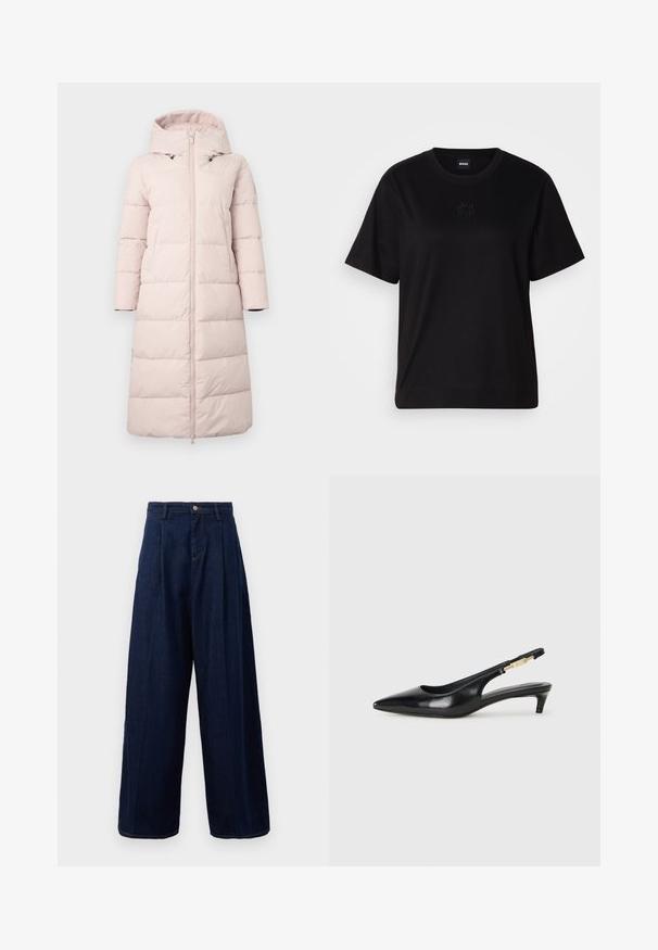 Šviesiai rožinė pūkinė striukė su kapišonu, su priekiniais užtrauktukais, ilgomis rankovėmis ir horizontaliu siuvinėjimu. Įtraukta šoninėse kišenėse.; Juodas medvilninis marškinėliai su apvalia iškirpte, trumpomis rankovėmis ir siuvinėjimu ant krūtinės. Paprastas, laisvas siluetas be raštų.; Tamsiai mėlynos džinsinės plačios kojų kelnės su aukštu liemeniu, raukšlėtu priekiniu dalimi ir klasikine sagčių uždarymu, turinčios šonines kišenes ir kontrastingą siuvinėjimą.; Juodas odinis pavasario batelių modelis su smailiu nosiu, turintis siaurą kulniuką ir auksinės spalvos akcentu reguliuojamoje juostoje. Lygi tekstūra.