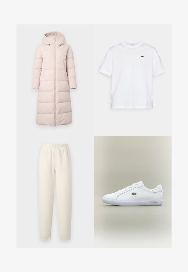 Light pink puffer coat with a hood, featuring a front zipper, long sleeves, and horizontal quilted pattern. Includes side pockets.; White cotton T-shirt with a round neckline and short sleeves. Features a green embroidered logo on the chest. Soft texture, relaxed fit.; Cream-colored sweatpants made of soft fabric. Features an elastic waistband and tapered leg design with subtle stitching details.; White low-top sneaker with white laces, green crocodile logo on side, and "Lacoste" label on the sole against a neutral background.