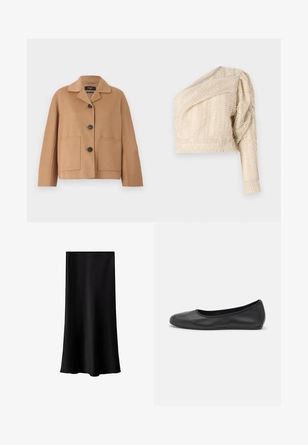 Weekend Max Mara SALE - Kurzmantel - camel; Cremfarbener, strukturierter Crop-Jacke mit schrägem Ausschnitt, puffierten Ärmeln und gewebtem Blattmuster, ausgestattet mit einem gerippten Saum.; Schwarze Midischürze aus glattem, leichtem Stoff. Sie hat einen geraden Schnitt, keine sichtbaren Beschläge und ein schlichtes Design ohne Muster.; Schwarze Leder-Ballettschuhe mit abgerundeter Spitze, glatter Textur, minimalen Nähdetails und einem flexiblen Sohlen-Design.