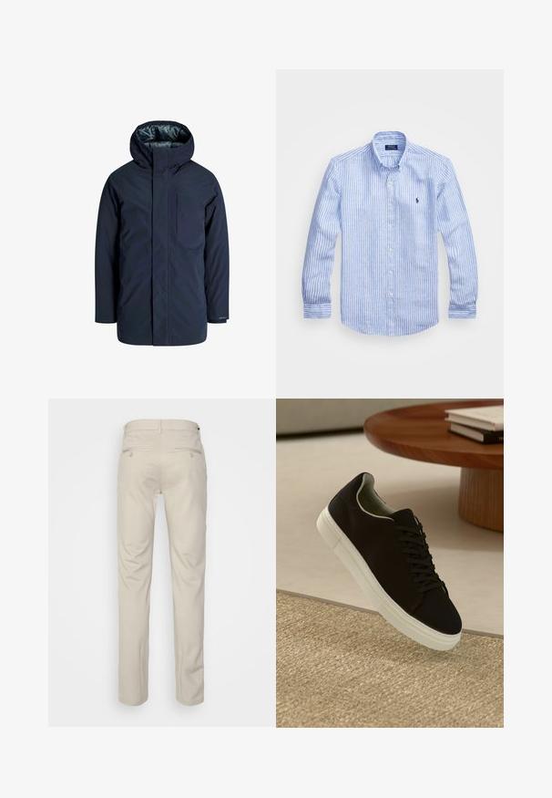 Marineblauer wasserdichter Jacke mit hohem Kragen, verstellbarer Kapuze und Brusttasche. Glatte Außenstruktur und gefüttertes Innenfutter für Isolierung.; Blau-weißer gestreifter Langarmshirt aus Baumwolle mit einem Button-Down-Kragen, Frontknöpfen und einem kleinen gestickten Logo auf der Brust.; Beige Hosen mit glatter Textur, geradem Schnitt, zwei Gesäßtaschen mit Knöpfen und einem normalen Bund.; Schwarze Sneakers mit weißer Sohle, die über einem beige strukturierten Teppich schweben, in der Nähe eines runden Holztisches mit gestapelten Büchern.