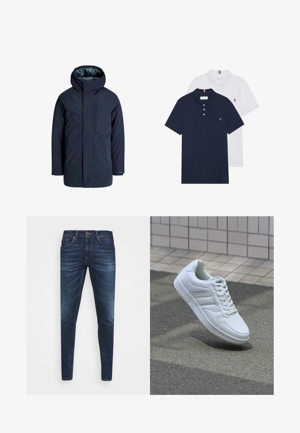 Jūrų mėlynos spalvos vandeniui atsparus švarkas su aukštu apykakle, reguliuojama gaubtu ir krūtine kišene. Lygus išorinis paviršius ir pamuštas vidus, užtikrinantis šilumą.; Du keturių marškiniai: vienas tamsiai mėlynas ir vienas baltas, abu su mažais raudonais, baltais ir mėlynais akcentais ant krūtinės kišenės ir apykaklės.; Tamsiai mėlynos džinsinės kelnės su liesu siluetu, subtiliu nusidėvėjimu, penkiomis kišenėmis ir metaliniu mygtuku užsegimui. Įsiūtos akcentai kontrastinga spalva.; Baltos sportinės kedai su lygaus odos viršumi, raišteliais priekyje, perforuotu kojų pirštu ir raštuotu padu. Minimalistinis dizainas su trimis šoninėmis juostelėmis.