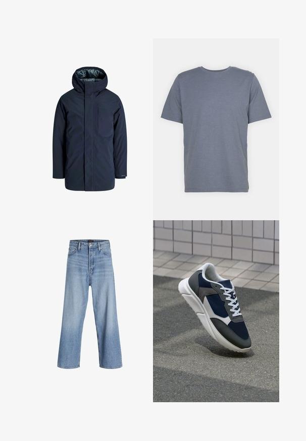 Granatowa wodoodporna kurtka z wysokim kołnierzem, regulowanym kapturem i kieszenią na piersi. Gładka zewnętrzna tekstura i podszewka wewnętrzna dla izolacji.; Szary t-shirt z krótkim rękawem i okrągłym dekoltem, wykonany z miękkiej bawełnianej mieszanki. Prosty design, bez wzorów ani akcentów.; Jasnoniebieskie dżinsy typu wide-leg z wysokim stanem, z zapięciem na guziki, pięcioma kieszeniami i subtelnym wyblaknięciem. Czyste wykończenie dołu.; Sneakers z granatową siateczkową cholewką, szarymi zamszowymi akcentami, białą gumową podeszwą i płaskimi białymi sznurówkami, zaprojektowane z myślą o komforcie i wentylacji.