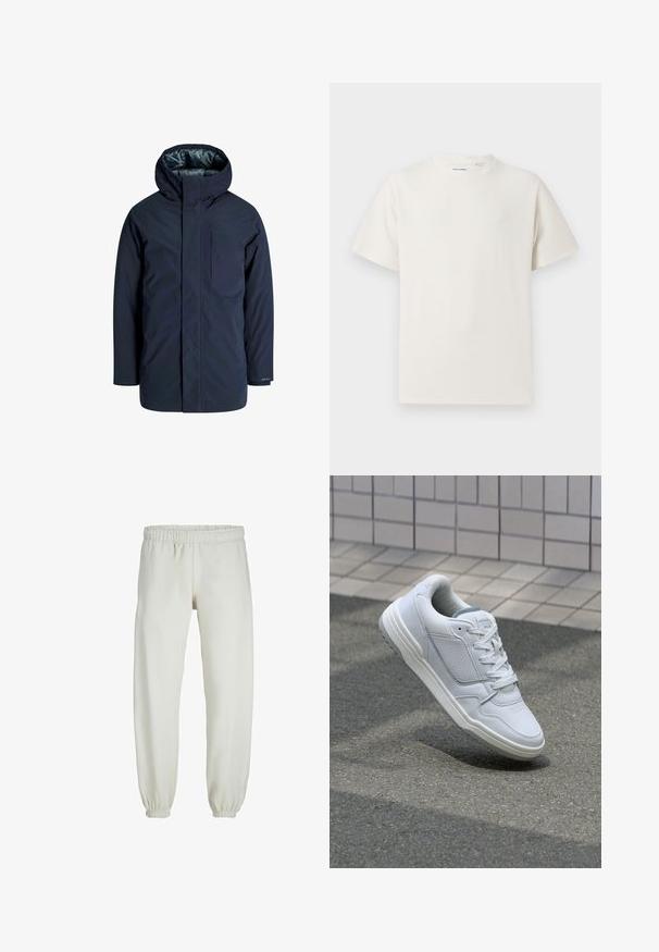 Tumed veekindel jakk, millel on kõrge krae, reguleeritav kapuuts ja rinnatasku. Sile välimine tekstuur ja vooderdatud sisemus soojustamiseks.; Valge lühikeste varrukatega T-särk ribakudumises. Ümar kaelus, mugav lõige, nähtavad mustrid ega aksessuaarid puuduvad. Lihtne ja mitmekesine disain.; Valged trennipüksid, mis on valmistatud pehmest kangast, elastse vöökoha ja mansettidega, sileda tekstuuri ja lõdva lõikega.; Valge nahkne toss, millel on perforeeritud külgedega, tekstuuriga aktsendid, lame pael ja kontrastne hall konts. Omab veidi tõstetud tallat.