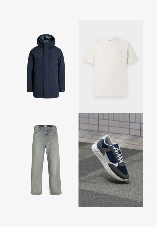 Marineblauer wasserdichter Jacke mit hohem Kragen, verstellbarer Kapuze und Brusttasche. Glatte Außenstruktur und gefüttertes Innenfutter für Isolierung.; Weißes T-Shirt mit kurzen Ärmeln in gerippter Textur. Runder Ausschnitt, lockere Passform, keine sichtbaren Muster oder Akzente. Einfaches und vielseitiges Design.; Hellgraue, locker sitzende Jeans aus Denim. Verfügt über ein klassisches Fünf-Taschen-Design, Gürtelschlaufen und eine gerade Bein-Silhouette.; Sneaker mit einem Obermaterial aus navyblauem Mesh, grauen Wildlederelementen, einer weißen Gummisohle und flachen weißen Schnürsenkeln, entworfen für Komfort und Atmungsaktivität.