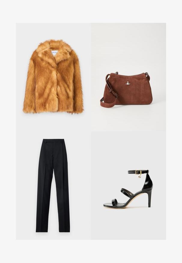 Lyhyt ruskea keinoturkis takki, jossa on leveä kaulus, avoin etuosa ja pehmeä, rakenteellinen pinta. Takki on normaalihko ja siinä ei ole näkyviä kiinnityksiä.; Beige ribbade knittröja med djup V-ringning, långa ärmar och ett strukturerat panel vid bröstet. Korthöjd med en avslappnad passform.; Hihaton, korkea kaulainen paita vihreässä ja tummansinisessä kuosissa, jossa on teksturoitu, orgaaninen muotoilu. Pehmeä kangas rentoa istuvuutta varten.; Musta housut, jotka on valmistettu sileästä kankaasta ja joissa on korkea vyötärö, leveät lahkeet, etukaarteet ja klassiset vyölenkit. Ei näkyviä sivutaskuja.; Musta patentoitu nahkasandaali, jossa on kolme hihnaa, nilkkasolki ja 4 tuuman stiletto-korko. Varustettu kultaisilla yksityiskohdilla ja logokoristeella.; Ruskea mokkahandbag, jossa on vetoketjula closure, säädettävä olkahihna ja hopeiset yksityiskohdat, sekä hienovarainen teksturoitu pinta.