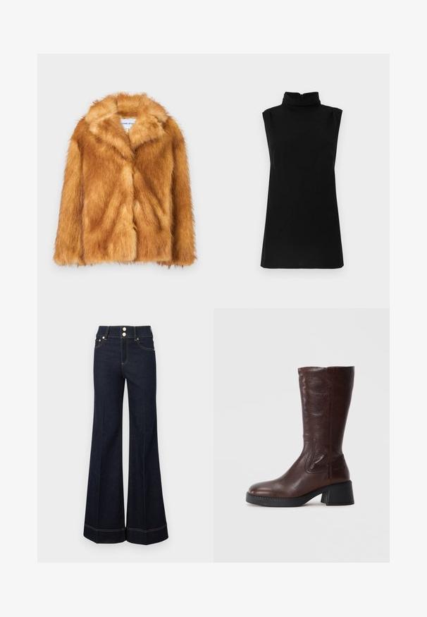 Kratki smeđi kaput od umjetnog krzna s širokim ovratnikom, otvorenim prednjim dijelom i mekom, teksturiranom površinom, regularnog kroja i bez vidljivih kopčanja.; Crni top bez rukava s imitacijom ovratnika i suptilnim teksturiranim uzorkom, izrađen od mekanog materijala, s patentnim zatvaračem na stražnjoj strani.; Tamno plave visokopretročne široke traperice s prednjim džepovima, s dva vidljiva dugmeta i detaljima žutog šivenja.; Smeđe kožne čizmice do koljena s teksturiranim finišem, četvrtastim vrhom i niskom blok petom. Ima bočne šavove i blago prošireni vrh.