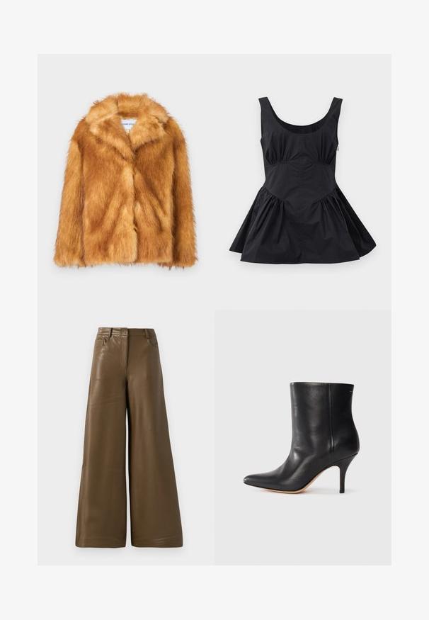 Short brown faux fur coat featuring a wide collar, open front, and a soft, textured surface with a regular fit and no visible fastenings.; Black sleeveless dress with a scoop neckline, gathered waist, and flared skirt. Made of lightweight fabric with a smooth texture and minimal seams.; Wide-leg trousers made of smooth, brown faux leather. Features a high waist, four pockets, and a front zipper. Flat texture and minimalistic design.; Black leather ankle boot with pointed toe, slim stiletto heel, and smooth texture. Minimalist design with no visible hardware or accents.