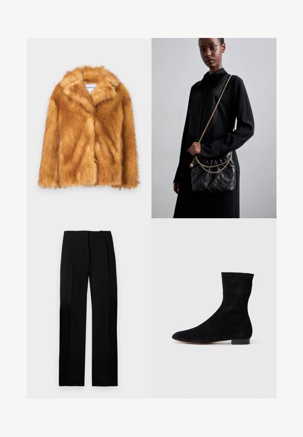 Kratki smeđi kaput od umjetnog krzna s širokim ovratnikom, otvorenim prednjim dijelom i mekom, teksturiranom površinom, regularnog kroja i bez vidljivih kopčanja.; Crni bezrukavni top s visokim izrezom, teksturirana tkanina, remen na struku i detalj proreza na leđima.; Crne krojene hlače glatke teksture, ravnog kroja nogavica i prednjih nabora. Imaju ravni pojas bez vidljivih kopči.; Crne nubuk čizme do gležnjeva s uskim okvirem, špicastim vrhom i niskom bloknom petom. Glatka tekstura i minimalistički dizajn, pogodne za svestrano stiliziranje.; Crna naslagana kožna torba s naboranim vrhom, zlatnim lančićem i pravokutnim oblikom, držana uz jednostavnu pozadinu.